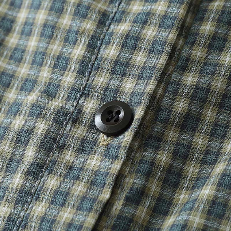 Buddha Stones Casual Plaid Buttons Lantern Long Sleeve Cotton Midi Dress