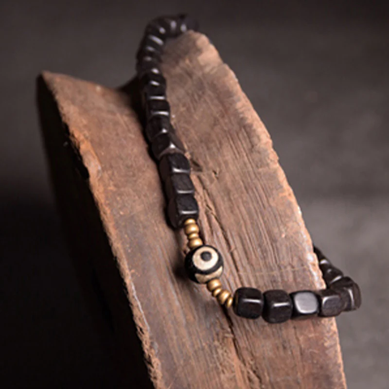 Buddha Stones Ebony Wood Dzi Bead Copper Peace Couple Bracelet