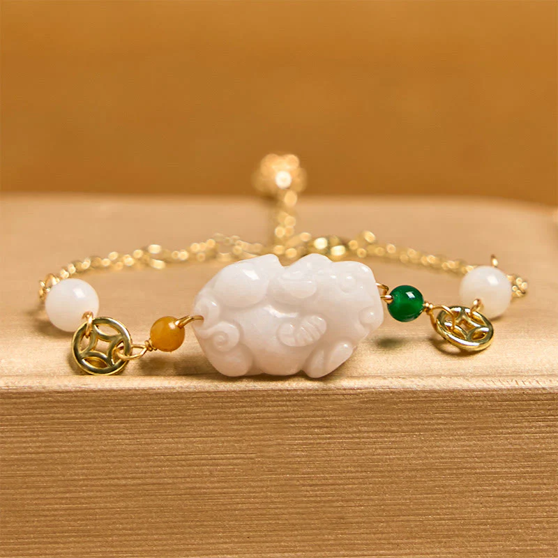 Buddha Stones Natural Jade PiXiu Carved Copper Coin Luck Chain Bracelet