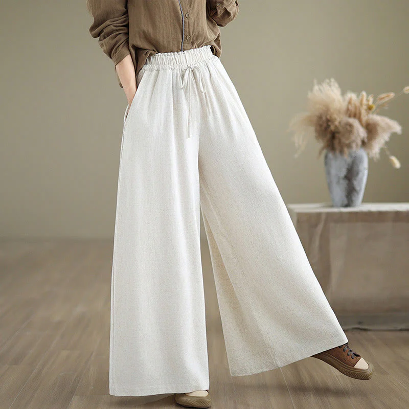 Buddha Stones Commute Plain Simple Lace-Up Design Women's Wide Leg Cotton Linen Pants With Pockets