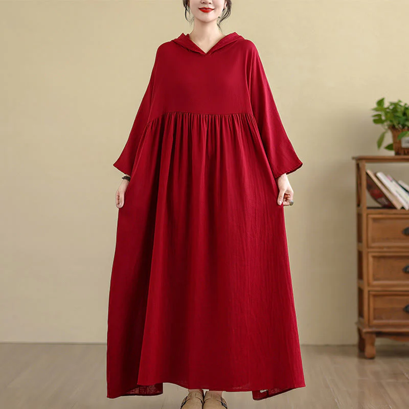 Buddha Stones Fall Hoodie Design Long Sleeve Cotton Linen Midi Dress With Pockets