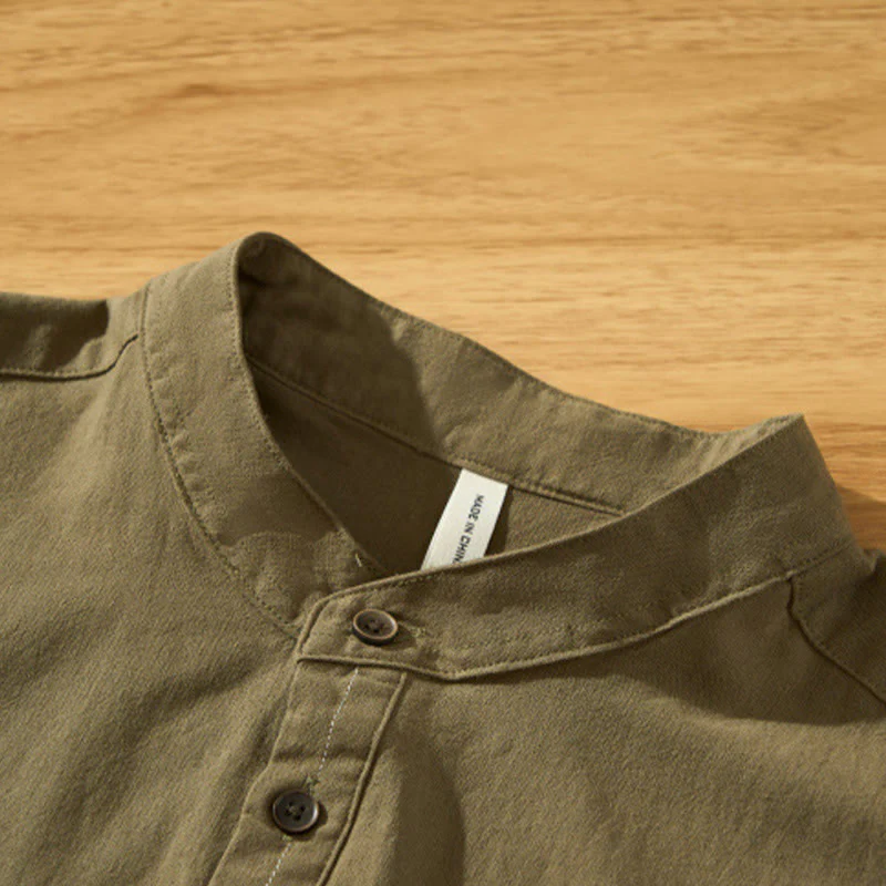 Buddha Stones Summer Solid Men's Half Button Short Sleeve Cotton Shirt