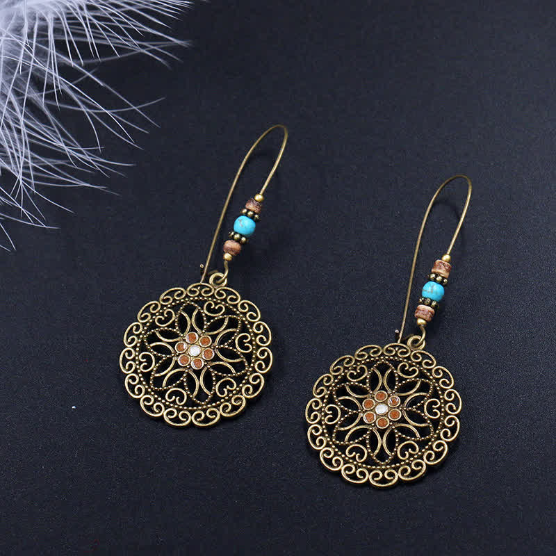 Buddha Stones Round Flower Design Luck Dangle Drop Earrings