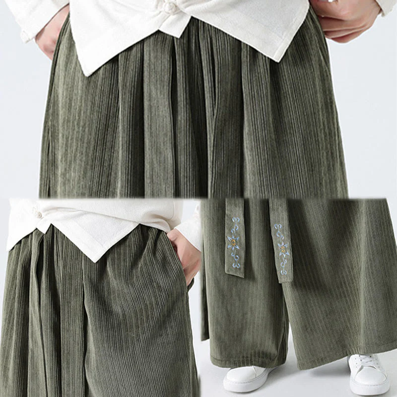 Buddha Stones Casual Embroidery Drawstring Design Men's Corduroy Wide Leg Pants With Pockets