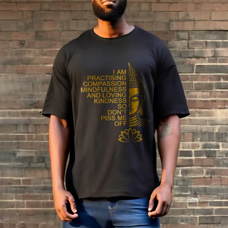 Buddha Stones Casual Golden Side Buddha Lotus Flower Pattern Cotton Tee T-Shirt