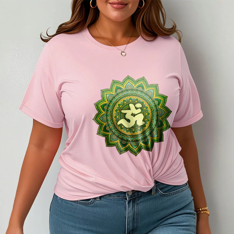 Buddha Stones Casual Green Mandala Om Symbol Pattern Cotton Tee T-shirt