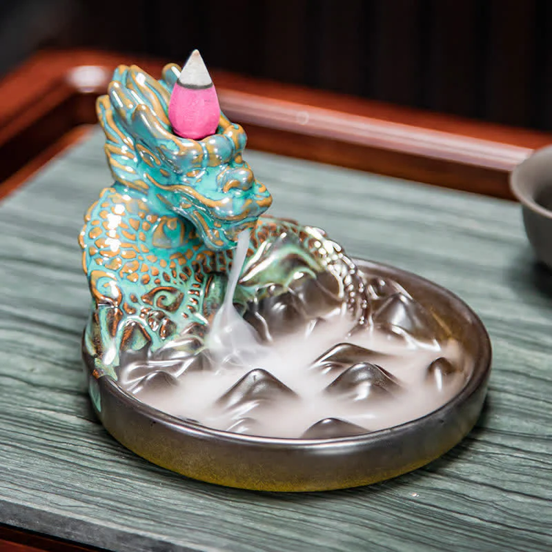 Buddha Stones Dragon Pattern Ceramic Backflow Smoke Fountain Incense Burner Decoration