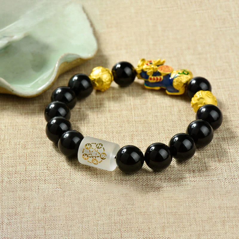 Buddha Stones Fengshui Copper Pixiu Rainbow Obsidian Beads Wealth Bracelet