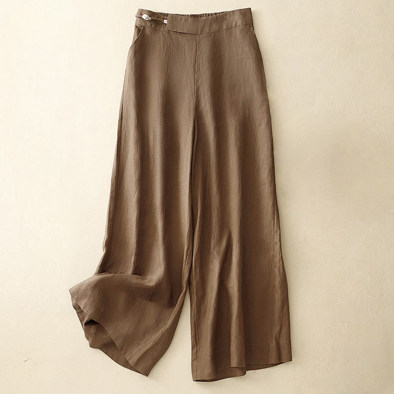 Buddha Stones Plain Color Frog-Button Cotton Linen Women's Wide Leg Pants With Pockets