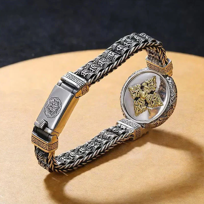 Buddha Stones Tibetan Copper Buckle Om Mani Padme Hum Turntable Rotatable Peace Metal Bracelet