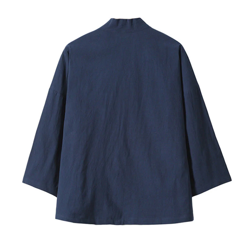 Buddha Stones Embroidery Flying White Cranes Cotton Linen Open Front Jacket Men's Kimono