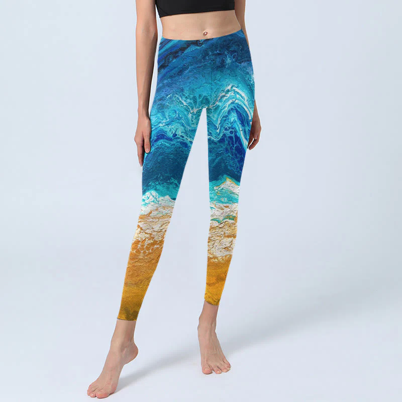 Buddha Stones Ocean Wave Golden Shore Pattern Print Gym Leggings Women's Yoga Pants