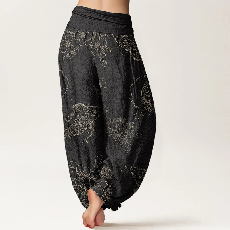 Buddha Stones Koi Fish Floral Pattern Women's Elastic Waist Harem Pants