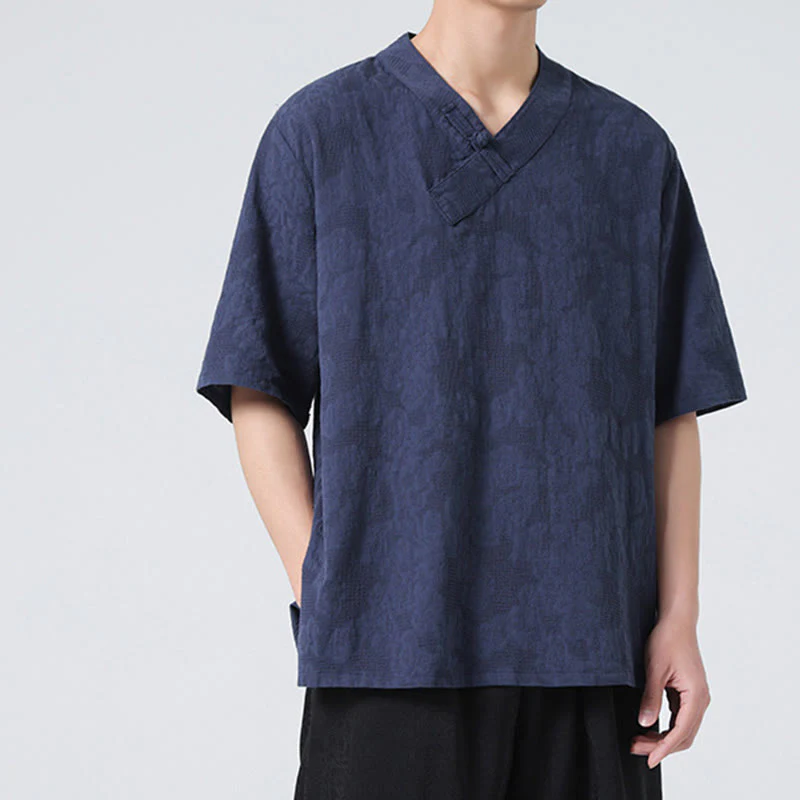 Buddha Stones Ethnic Distressed Jacquard Frog-Button Men's Stand Collar Half Sleeve Cotton Linen Shirt Tai Chi Clothes