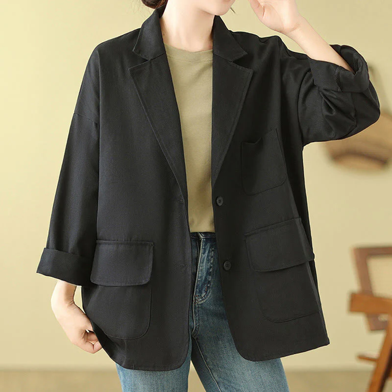 Buddha Stones Plain Women's Cotton Suit Jacket With Pockets