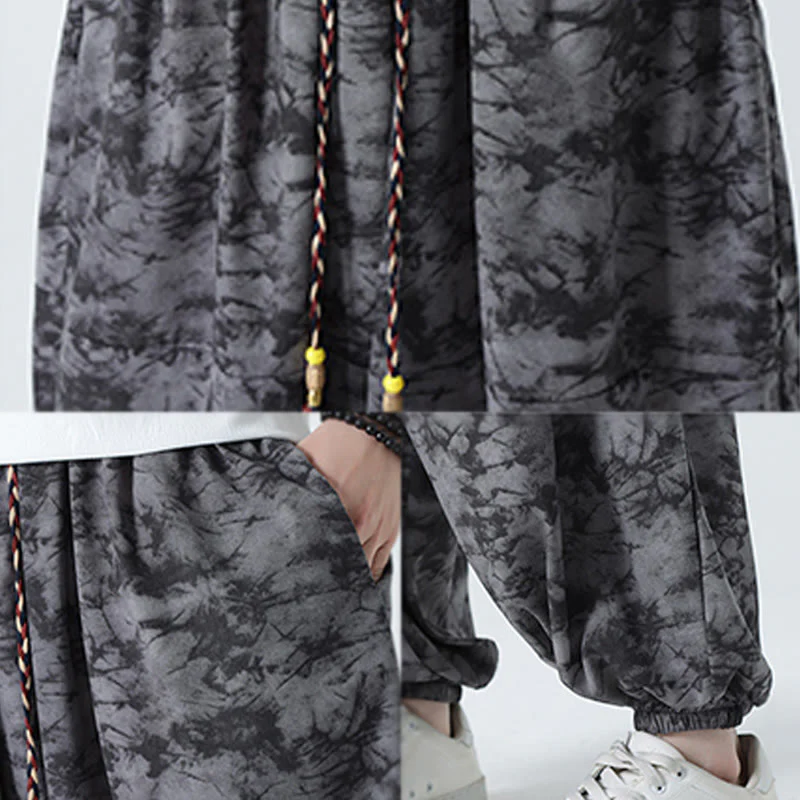 Buddha Stones Retro Casual Drawstring Design Floral Pattern Men's Harem Pants With Pockets
