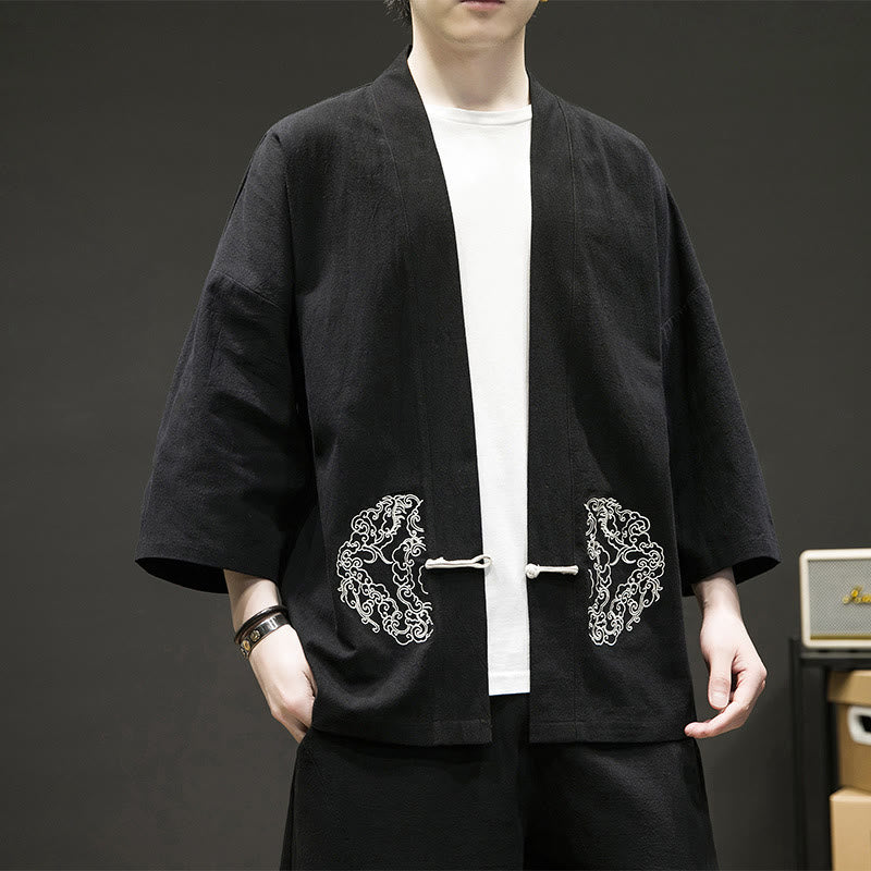 Buddha Stones Chinese Frog-Button Design Open Front Jacket Men's Cotton Linen Kimono