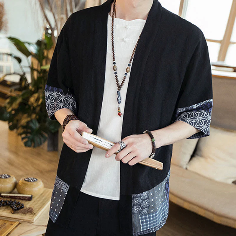 Buddha Stones Ethnic Printing Patchwork Design Open Front Jacket Cotton Linen Men's Kimono