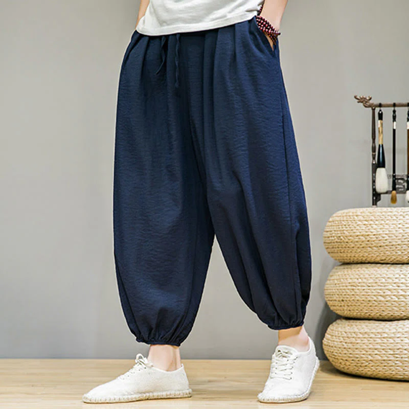 Buddha Stones Summer Plain Drawstring Men's Ankle-Length Cotton Harem Pants With Pockets