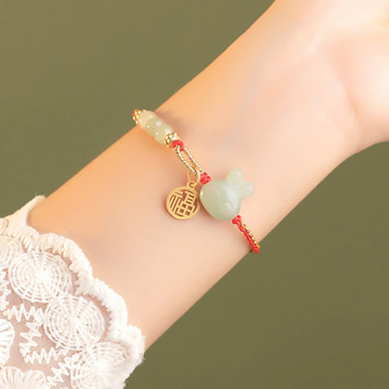 Buddha Stones 925 Sterling Silver Year of the Rabbit Hetian Jade Happiness Luck Red String Bracelet