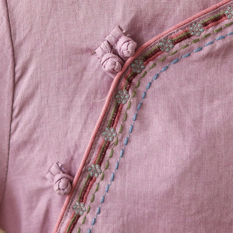 Buddha Stones Embroidered Slanted Buttons Cotton Linen Women's Shirt