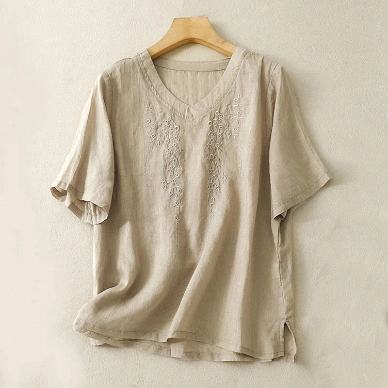 Buddha Stones Casual Women's Embroidered Flower V-neck Design Loose Half Sleeve Cotton Linen Shirt
