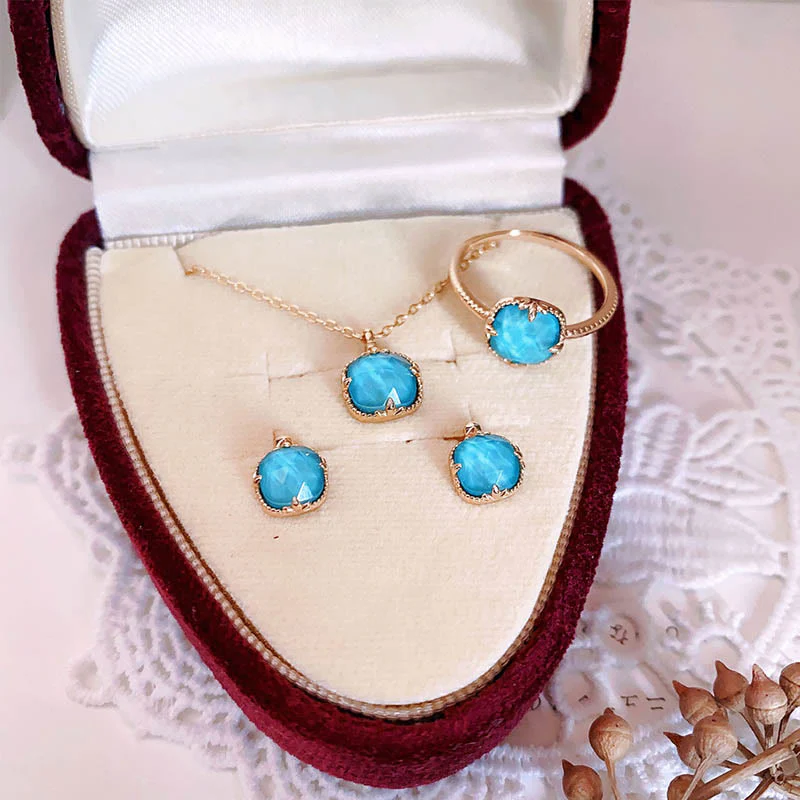 Buddha Stones 925 Sterling Silver Plated Gold Turquoise Protection Ring Earrings Necklace Pendant Set