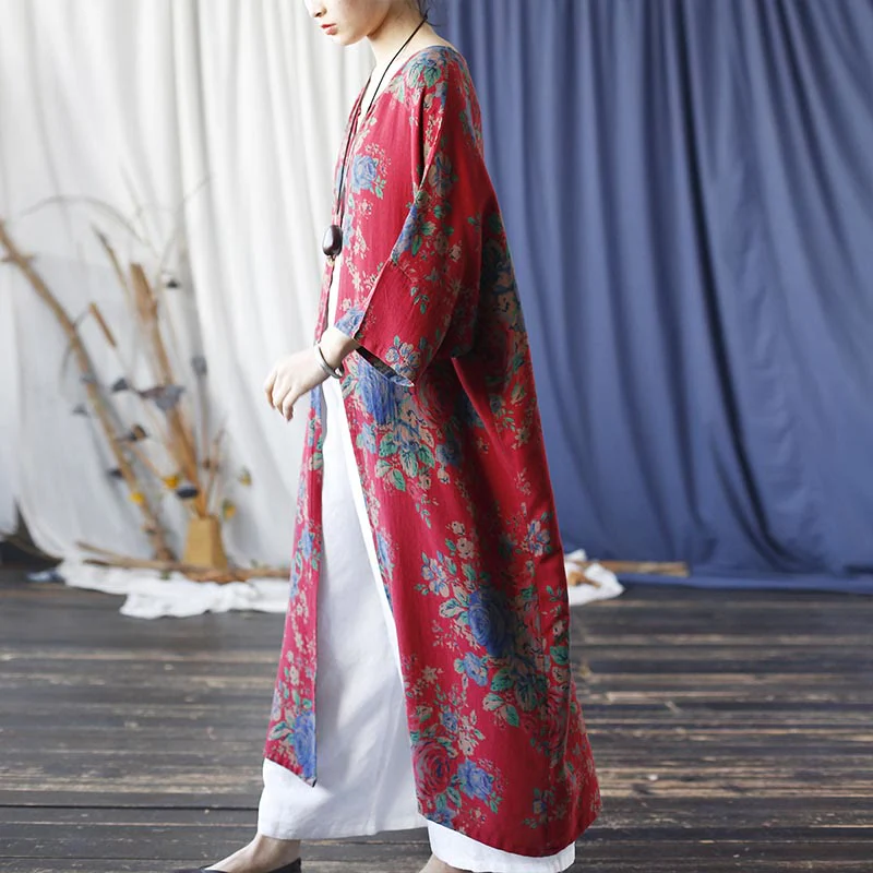 Buddha Stones Red Blue Flowers Print Cotton Three Quarter Sleeve Open Front Jacket Coat