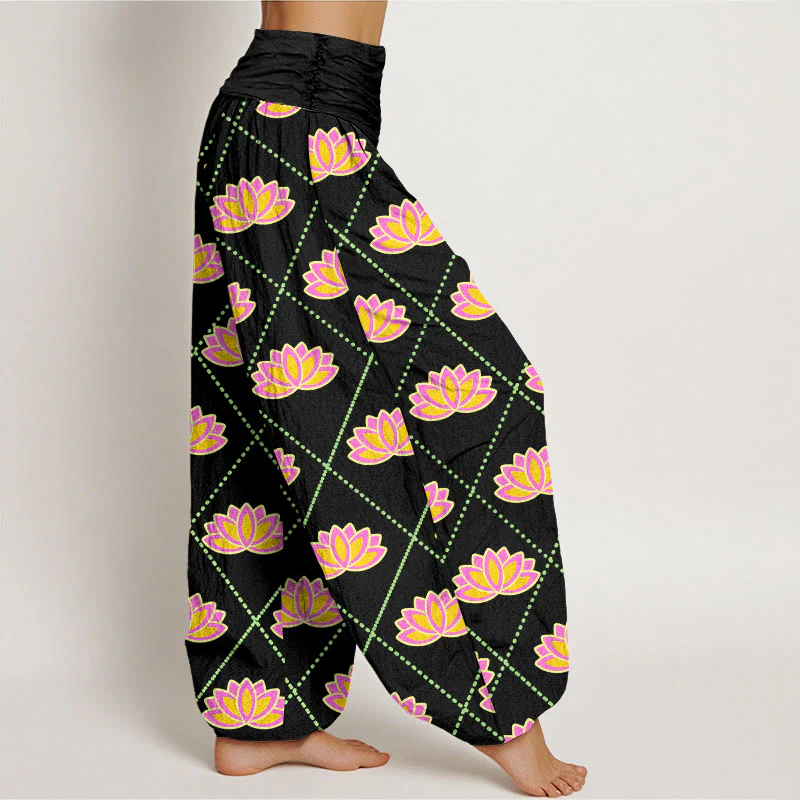 Buddha Stones Casual Vibrant Lotus Flower Pattern Women's Elastic Waist Harem Pants