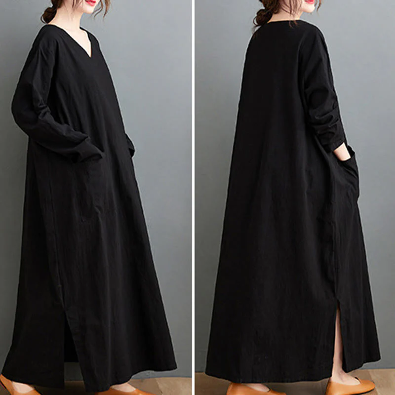Buddha Stones Fall Casual Simple Design Long Sleeve Cotton Linen Maxi Dress With Pockets