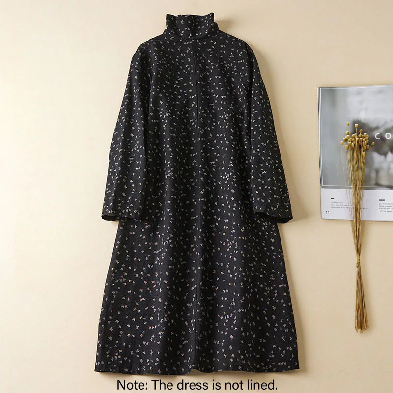 Buddha Stones Fall Printing Floral Buttons Lace Lapel Design Cotton Linen Midi Dress With Pockets