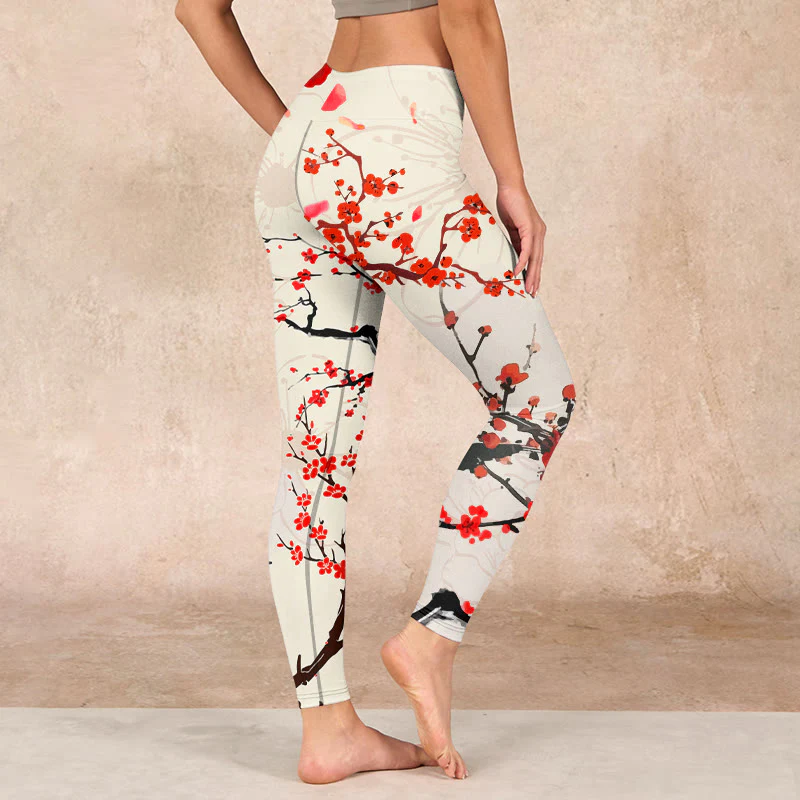 Buddha Stones Blooming Red Plum Blossoms Print Gym Leggings Women's Yoga Pants
