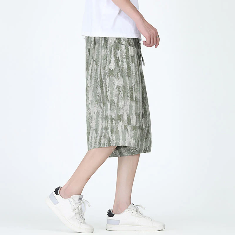 Buddha Stones Summer Stripes Cotton Linen Men's Capri Pants With Pockets