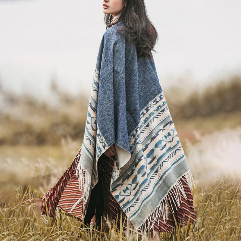 Buddha Stones Tibetan Geometric Rhombus Pattern Tassels Shawl Fall Winter Warm Cozy Scarf Wrap