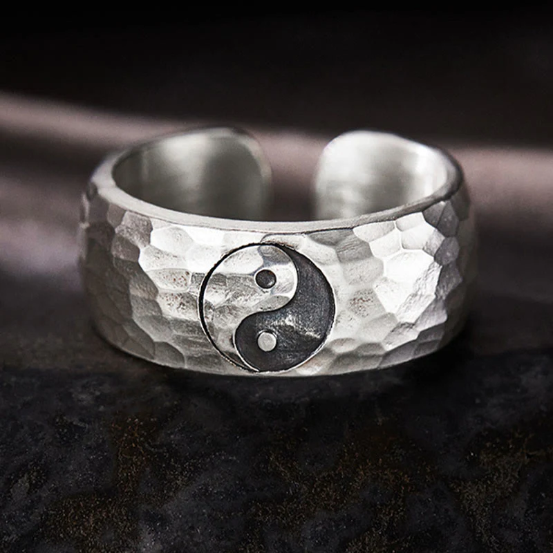 Buddha Stones Handmade 999 Sterling Silver Yin Yang Bagua Symbol Harmony Adjustable Ring