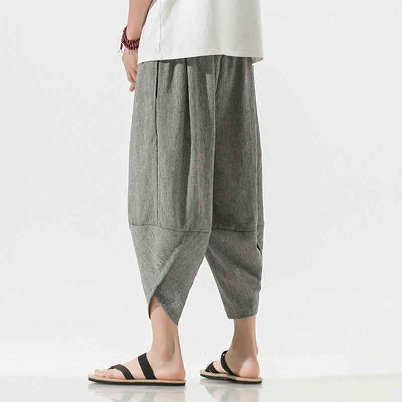 Buddha Stones Plain Simple Design Drawstring 7-8 Length Linen Men's Harem Pants With Pockets