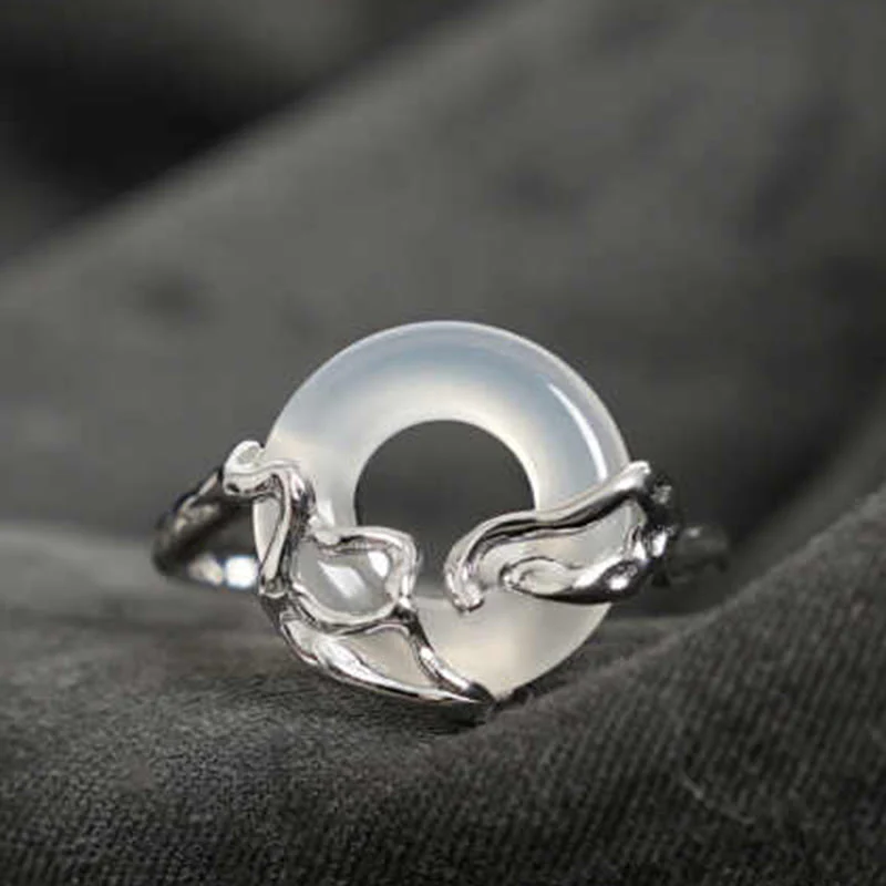 Buddha Stones 925 Sterling Silver Peace Buckle Chalcedony Harmony Ring