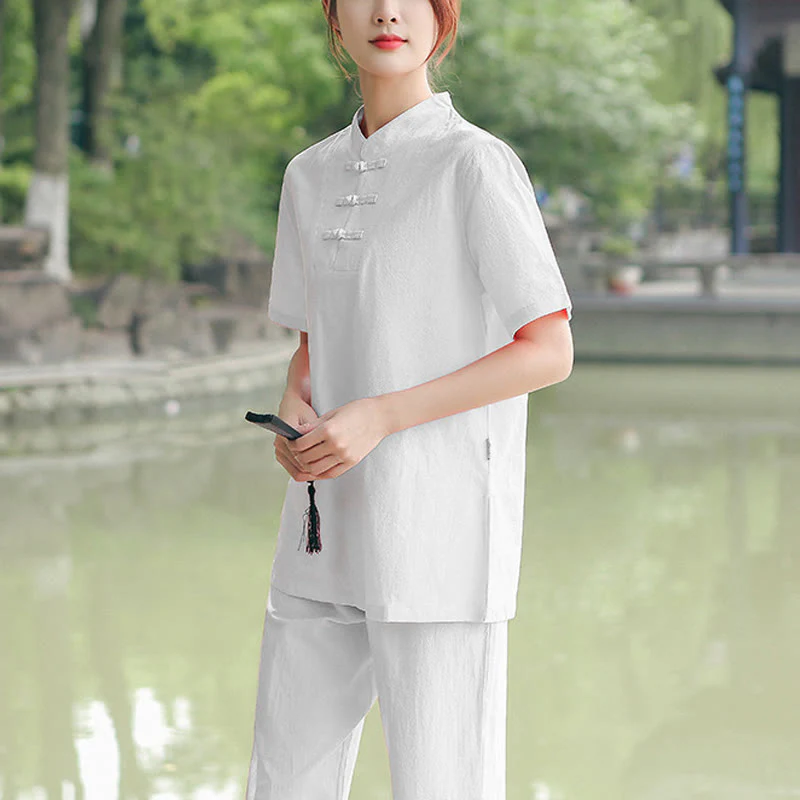 Buddha Stones 2Pcs Women's Short Sleeve Shirt Top T-Shirt Pants Meditation Zen Tai Chi Cotton Linen Clothing Set