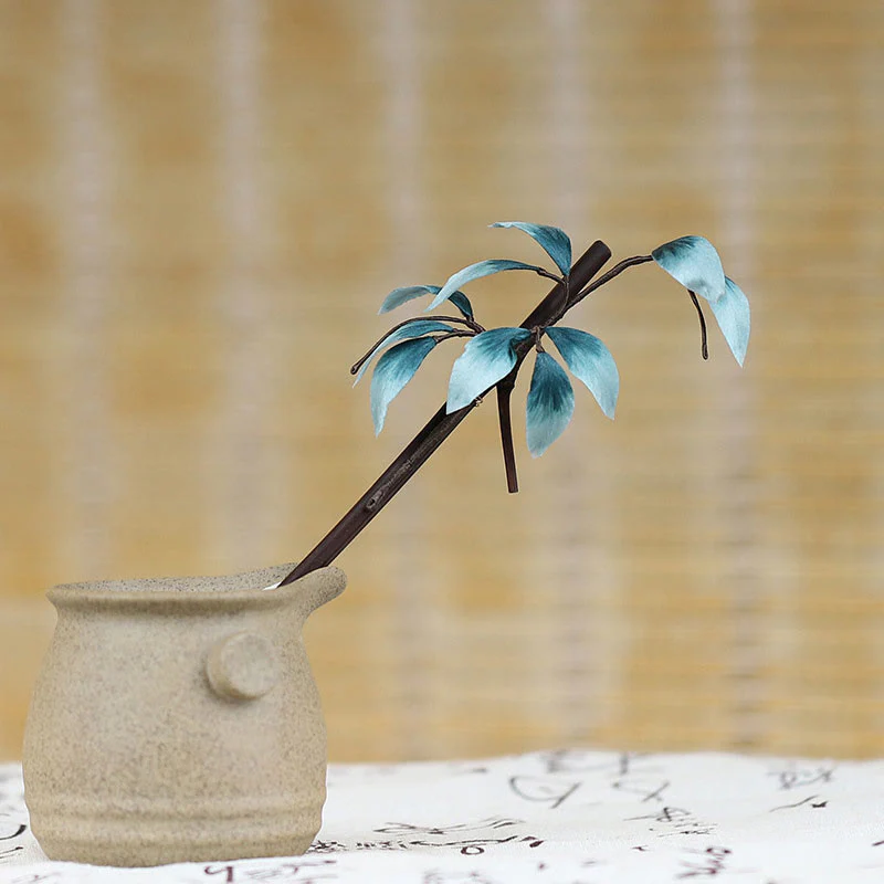 Buddha Stones Handmade Velvet Flower Bamboo Leaf Soft Hairpin