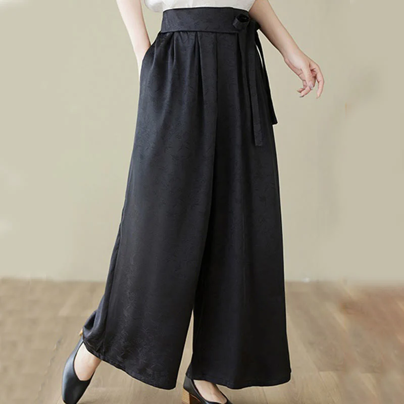 Buddha Stones Casual Jacquard Lace-up Cotton Women's Wide Leg Pants With Pockets