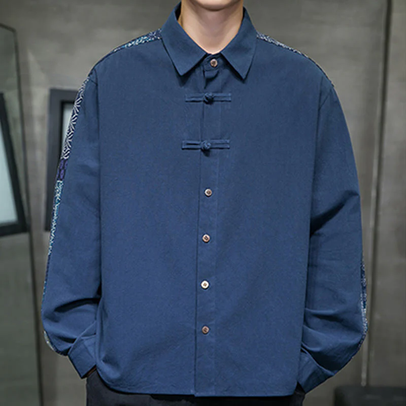 Buddha Stones Men's Flower Pattern Stitching Cotton Blend Long Sleeve Shirt