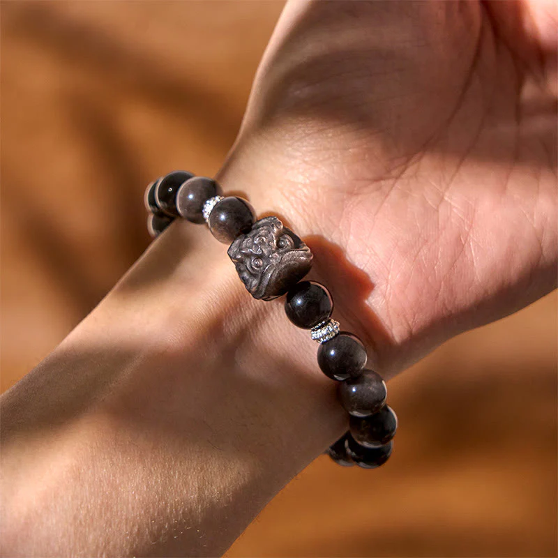 Buddha Stones Natural Silver Sheen Obsidian Lion Dance Protection Bracelet
