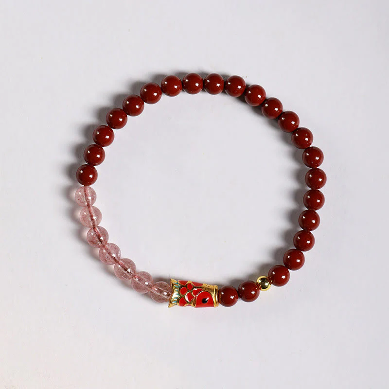 Buddha Stones Natural Cinnabar Pink Crystal Strawberry Quartz Lucky Koi Fish Blessing Bracelet