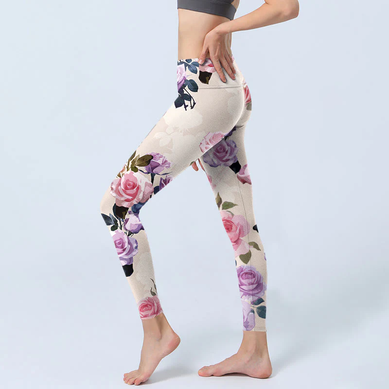 Buddha Stones Beige Rose Flowers Print Gym Leggings Women's Yoga Pants