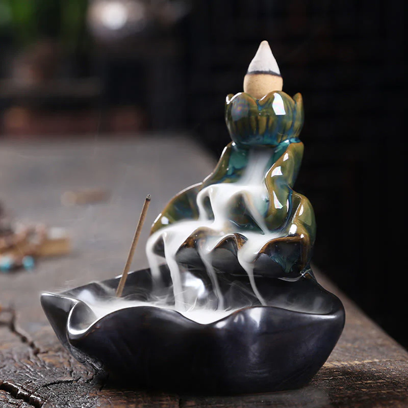 Buddha Stones Lotus Leaf Koi Fish Ceramic Backflow Smoke Fountain Peace Incense Burner Decoration
