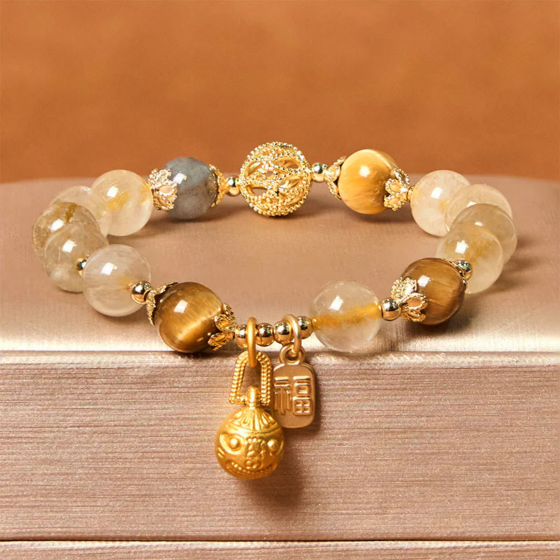 Buddha Stones Natural Rutilated Quartz Fu Character Metal Swallowing Beast Auspiciousness Bracelet