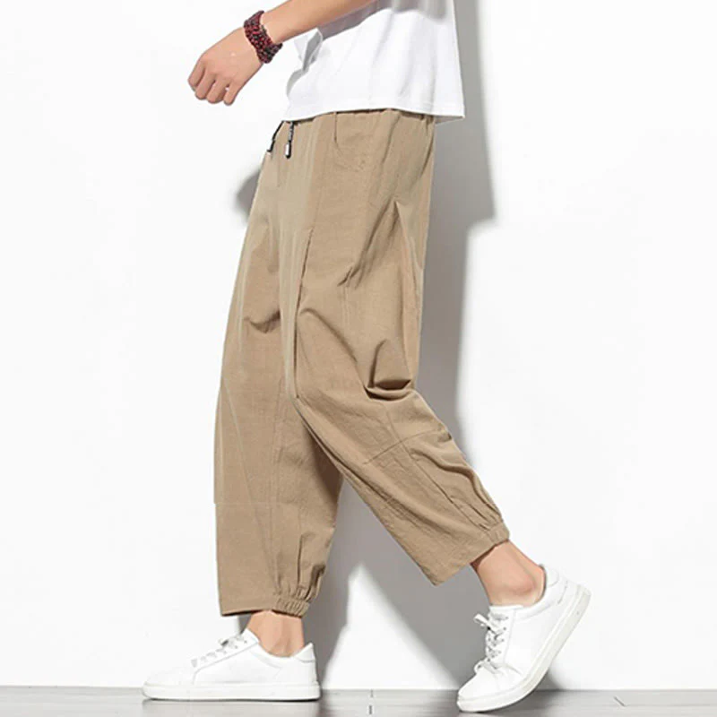 Buddha Stones Summer Men's 7-8 Length Cotton Linen Carrot Pants With Pockets