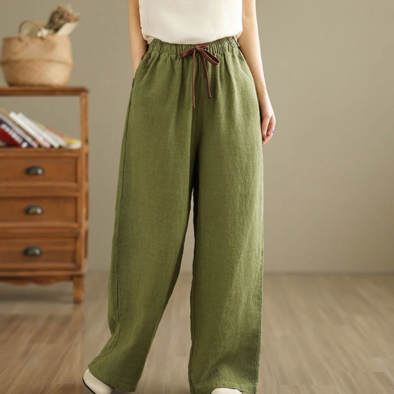 Buddha Stones Commute Retro Solid Color Women's Harem Drawstring Cotton Pants With Pockets