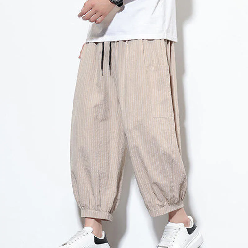 Buddha Stones Casual Striped Men's Cotton 7-8 Length Harem Pants With Pockets
