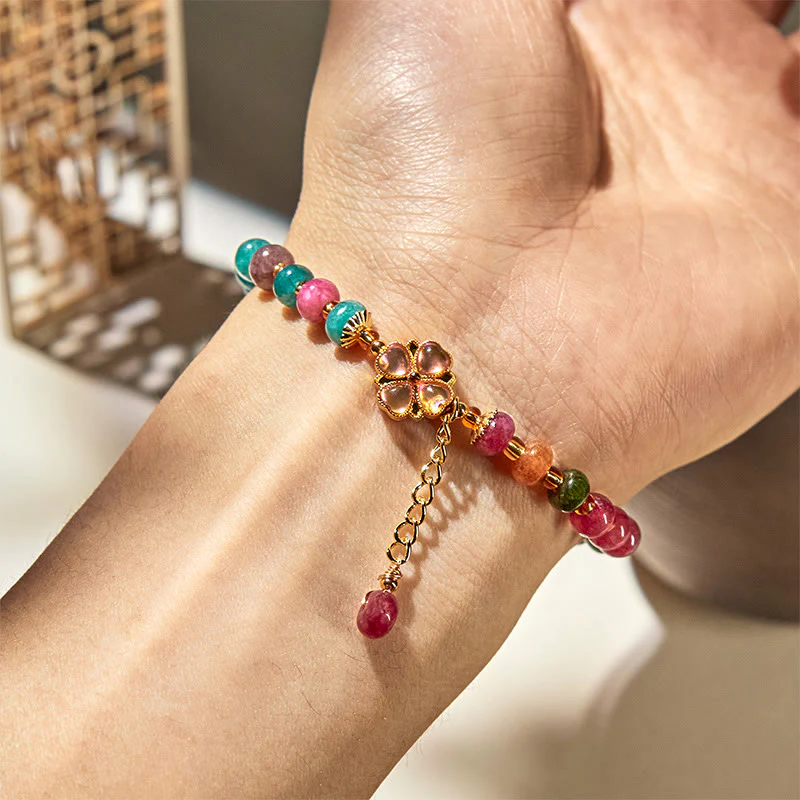 Buddha Stones Tourmaline Four Leaf Clover Flower Love Bracelet